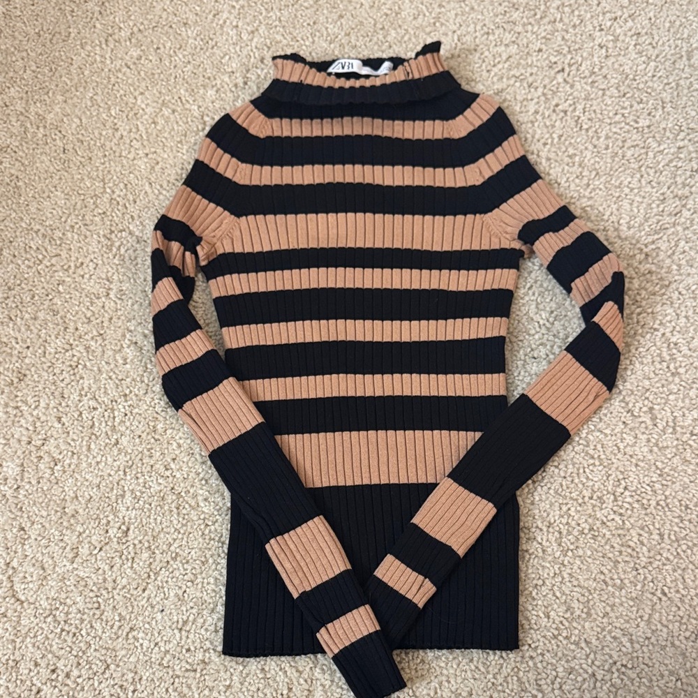 Zara Black and Tan Striped Turtleneck Sweater